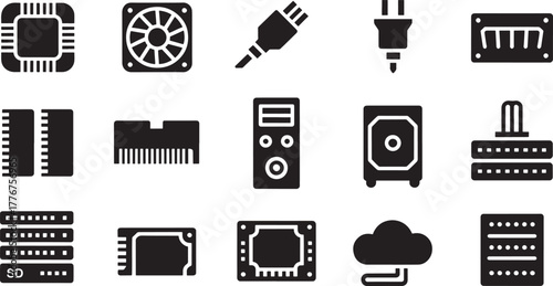 Collection of computer hardware icons including CPU, fan, and RAM processor