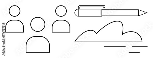 Team of four, pen, cloud, and lines symbolizing collaboration, innovation, and digital work. Ideal for teamwork, creativity, communication cloud services brainstorming planning and digital