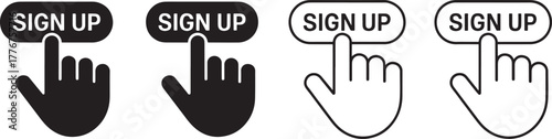 Four sign up button icons with hand cursor on white background click