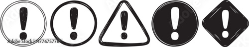 Hand drawn exclamation mark icons in various circular triangular and diamond shapes alert attention