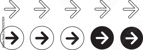 Set of Right Arrow Icons in Different Styles and Colors on White Background direction forward