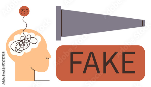 Human head with tangled lines and question marks inside, megaphone amplifying FAKE. Ideal for misinformation, critical thinking, disinformation, skepticism, media bias, social impact, simple flat