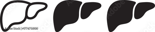 Three black liver icons one outlined and two solid on white background organ human