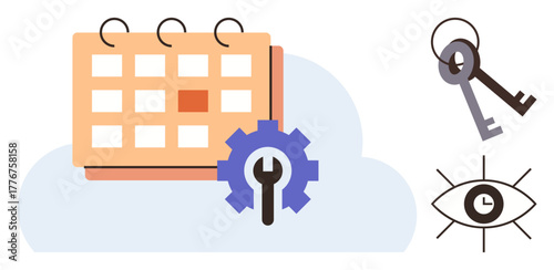 Calendar with gear for settings, keys for access control, eye with clock for time focus. Ideal for scheduling, productivity, security, time management, monitoring optimization planning. Simple flat