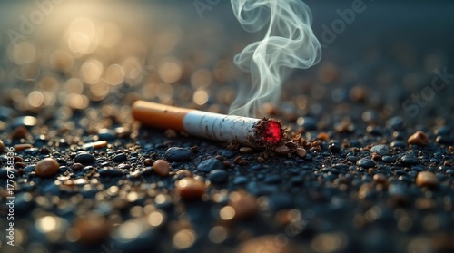 Smoldering cigarette on wet asphalt with rising smoke