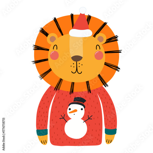 Lion in a Santa Claus hat, ugly sweater isolated on transparent. Hand drawn flat vector illustration. Cute cartoon character. Traditional Christmas, New Year design element, clip art