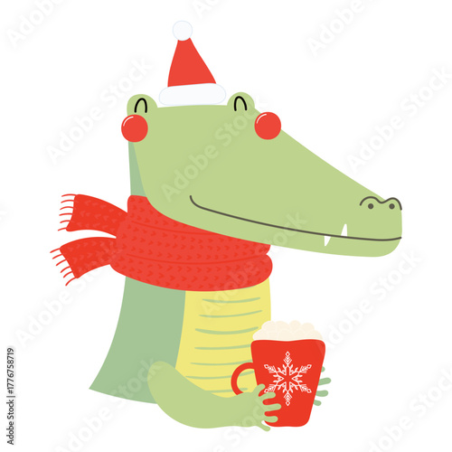 Crocodile in a Santa hat, scarf, with mug isolated on transparent. Hand drawn flat vector illustration. Cute cartoon character. Traditional Christmas, New Year design element, clip art