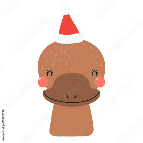 Platypus in a Santa Claus hat isolated on transparent. Hand drawn flat vector illustration. Cute cartoon character. Traditional Christmas, New Year, seasonal design element, holiday clip art