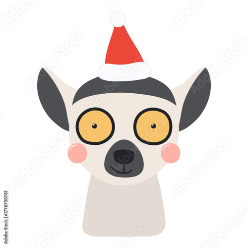 Lemur in a Santa Claus hat isolated on transparent. Hand drawn flat vector illustration. Cute cartoon character. Traditional Christmas, New Year, seasonal design element, holiday clip art