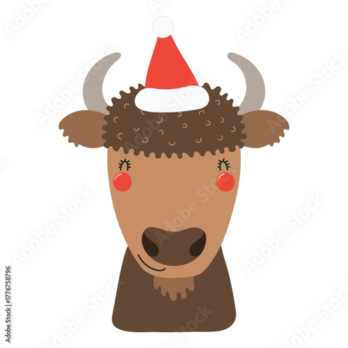Bison in a Santa Claus hat isolated on transparent. Hand drawn flat vector illustration. Cute cartoon character. Traditional Christmas, New Year, seasonal design element, holiday clip art