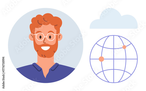 Red-haired man with glasses, globe with connection points, and cloud. Ideal for global networking, communication, technology, social interaction, remote work, education simple flat metaphor