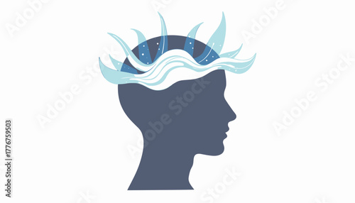 Silhouette of Human Head with Flowing Waves Symbolizing Creative Thoughts and Intuitive Imagination in a Minimalist Artistic Design