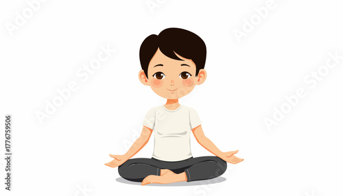 Illustration of a cute child sitting cross-legged with closed eyes, practicing meditation, wearing an orange shirt and brown shorts, on a neutral background