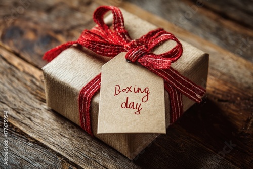 A beautifully wrapped gift with a tag labeled 