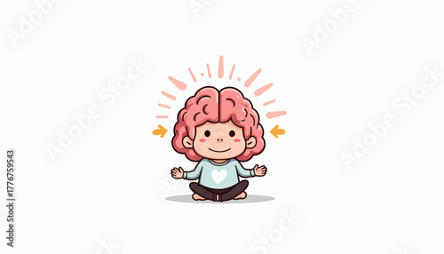Illustration of a Smiling Child Meditating with a Brain as a Head Symbolizing Mindfulness and Mental Wellness in a Calm and Peaceful Setting
