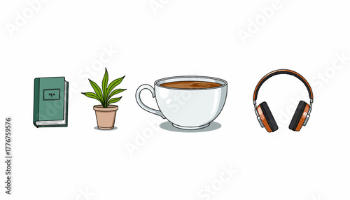 Illustration of Relaxing Essentials: Coffee, Open Book, Potted Plant, and Headphones for a Cozy Leisure Experience
