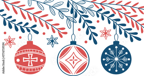 Festive christmas ornaments hanging from branches, a holiday decoration with red and blue color scheme