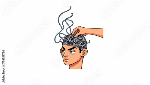 Illustration of a person untangling complex thoughts symbolized by intertwined wires in the brain for mental clarity and stress relief