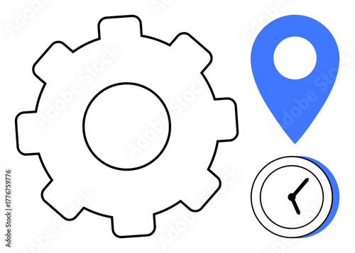 Gear, location pin, and clock combined to represent process optimization, geolocation, and time management. Ideal for business, logistics, planning, navigation strategy scheduling simple flat