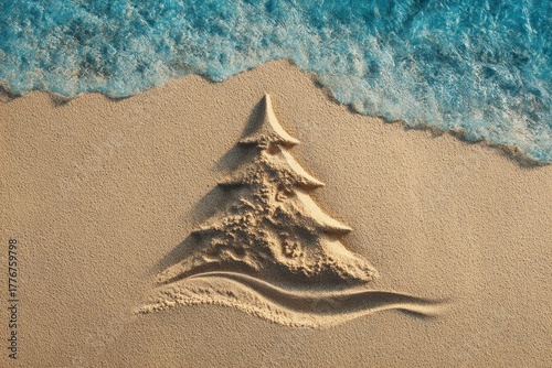 A Christmas tree etched in sand with gentle waves lapping the shore.