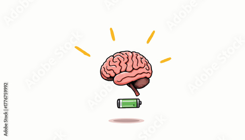 Illustration of a Brain Gaining Energy with Battery Icon Symbolizing Mental Recharge and Cognitive Power Boost