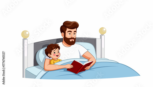 Warmhearted Bedtime Storytime: Father and Child Sharing Moments of Imagination and Connection Through a Book in a Cozy Bedroom Setting