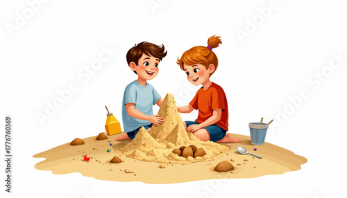 Joyful Beach Day Fun: Delighted Children Building Sandcastles with Enthusiastic Guidance Under Bright Sun and Clear Blue Sky