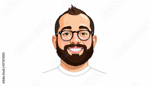 Illustration of a smiling man with a beard and stylish hair, wearing a casual t-shirt, posing with arms crossed in a confident manner on a plain background