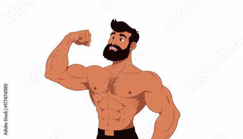 Energetic Cartoon Character with Muscular Build Flexing Biceps and Smiling Confidently in a Casual Grey T-shirt