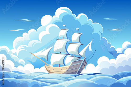Cartoon ship sailing clouds