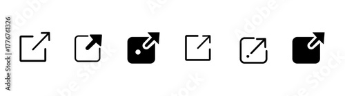 external link icon set. open in new window icons in various black styles with arrow and square shapes. Ideal for web design, hyperlinks, UI interfaces, navigation, and digital connection concepts