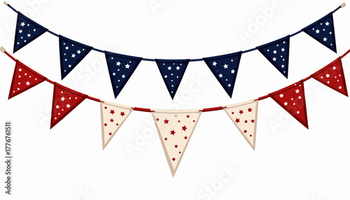 Festive Patriotic Banner with Stars and Stripes in Red, White, and Blue Hanging on White Background for Celebrations