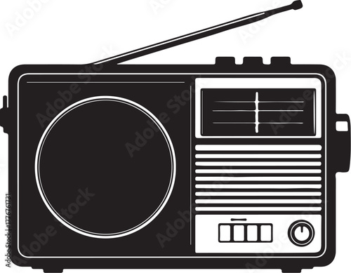 Black and white illustration of a vintage portable radio with an antenna retro music on transparent background