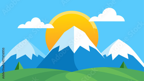 Landscape with mountains sun and clouds illustration