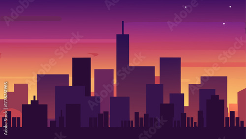 Silhouette of city skyline at dusk with stars above