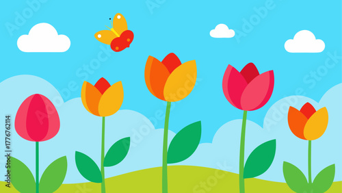 Illustration of tulips under a cloudy sky and butterfly