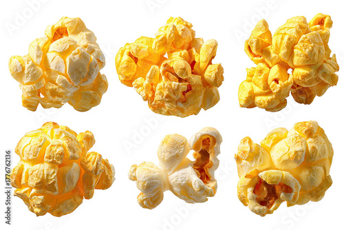 Close-up view of multiple popcorn kernels, various shapes and textures