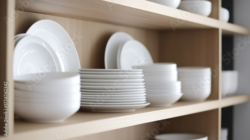 Fototapeta Naklejka Na Ścianę i Meble -  Organized living with minimalist aesthetics. White plates and bowls neatly stacked on wooden shelves, creating a clean and serene space for everyday dining essentials.