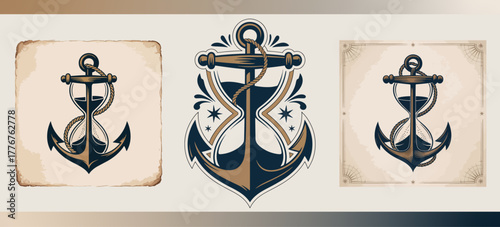 Vintage nautical anchor emblem set with rope and decorative stars, retro maritime tattoo style badges on aged parchment frames; navy and tan vector illustration