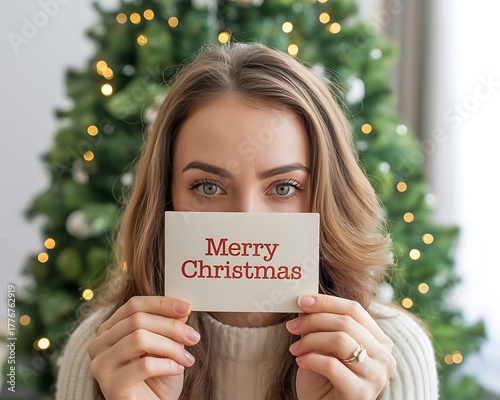Young woman holding merry christmas card in front of christmas tree