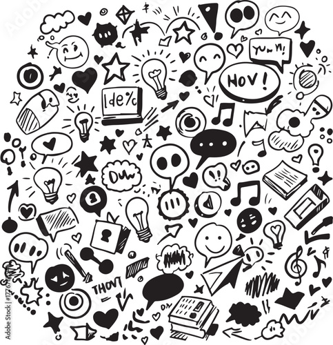 Hand drawn doodle seamless pattern with sketch elements and symbols