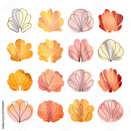 Colorful watercolor shells arranged in a neat grid showcasing various sizes and shapes