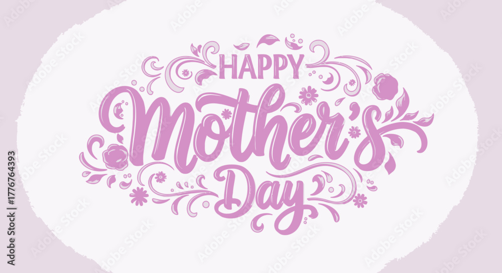 Naklejka premium Happy Mother's Day decorative text with floral elements and swirls in pastel pink.