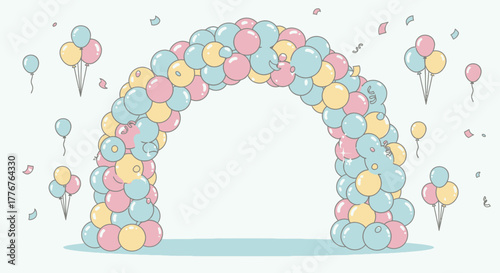 A festive balloon arch in pastel colors with ice cream cone balloons and confetti for a celebration.