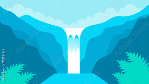 Stylized flat illustration of a majestic waterfall cascading down blue layered cliffs with fluffy clouds above and lush green foliage in the foreground