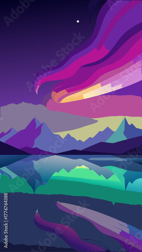 Vibrant aurora borealis over a reflective mountain lake at night