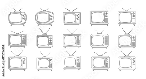 A collection of 15 black and white line art illustrations depicting various retro television sets with antennas, showcasing vintage technology.