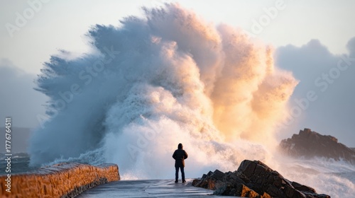 Fototapeta Naklejka Na Ścianę i Meble -  Person facing massive wave on rocky pier