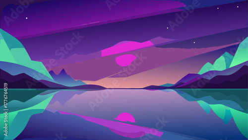 Vibrant abstract landscape with mountains lake and colorful sky at dusk