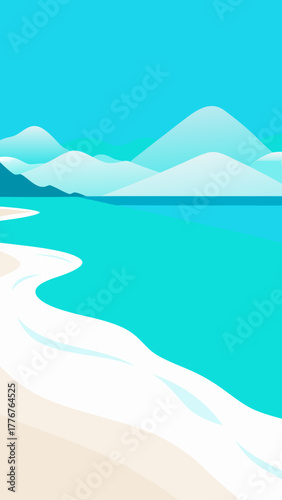 Minimalist abstract beach and ocean landscape with soft blue mountains in the background